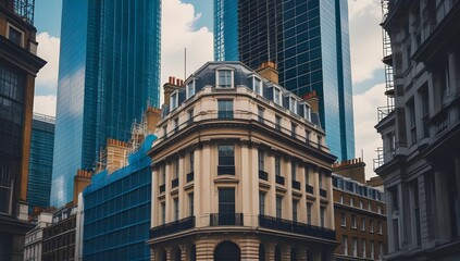 Obraz premium Contrast Between Historic Architecture And Modern Skyscrapers City