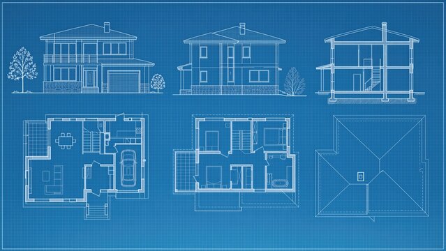 Residential house blueprint showing exterior elevations, floor plans, roof plan, and building section for architectural design and construction planning