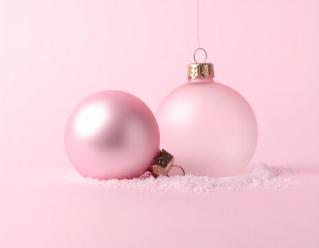 Pink Christmas Baubles Resting in Soft White Snow