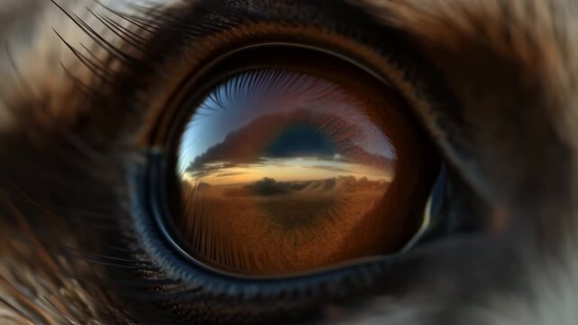 Extreme close-up of big cat eye with glossy iris reflecting sunset sky over distant landscape, framed by rich fur, fine whiskers, and dark facial markings in dramatic natural light