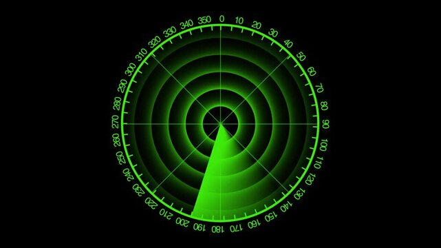 Glowing green radar screen scans a degree grid to detect tactical target parameters neatly. Marine navigation courses apply this radar screen. Radar screen sweeps fast.