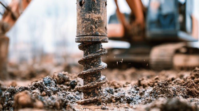 Close up of auger drill bit digging into muddy ground with excavator in background