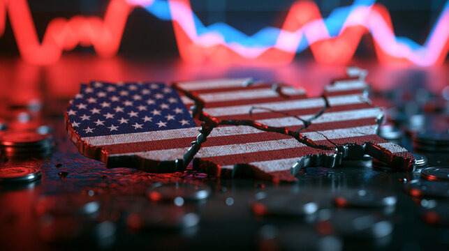 A broken USA map flag is surrounded by coins and red financial charts. This depicts economic crisis and recession in.
