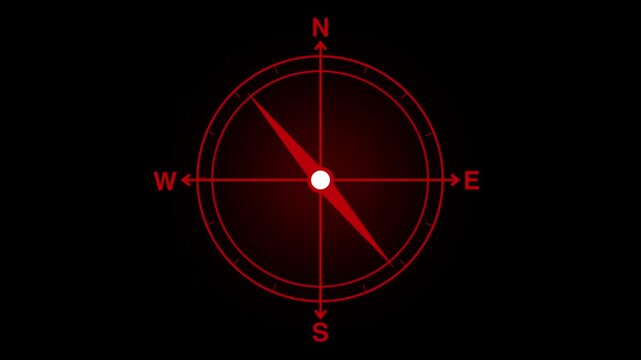 Glowing red compass rose displays cardinal direction letters over black background canvas. Digital navigation interfaces show this compass rose. Compass rose glows clear.