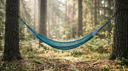 Blue hammock hanging between pine trees in a serene green forest © Lipstock