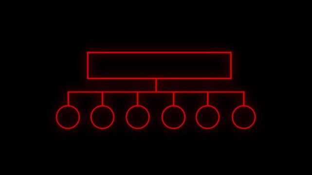 Glowing red neon hierarchy chart with connected circles on a black background, showing organization, network structure, leadership, workflow, and business planning concepts.