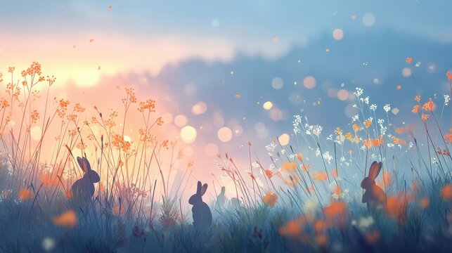 Soft Bunny Wallpaper Silhouettes of Rabbits in a Dreamlike Meadow with Wildflowers at Sunset an embroidered soft bunny pattern