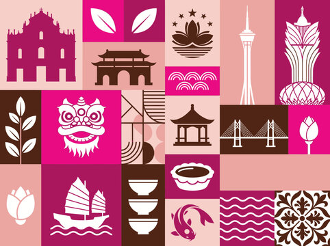 Macau Landmarks and Culture Icons Flat Grid Design