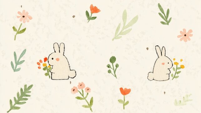 Soft Bunny Wallpaper Cute Hand-Drawn Bunnies with Flower Motifs and Greenery on Light Textured Background for Children's Design an embroidered soft bunny pattern