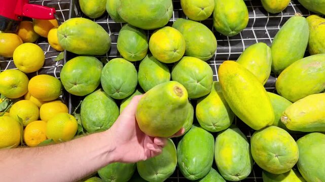 Fresh Tropical Fruits on Display in Supermarket Produce Section &ndash; Assorted Mangoes, Dragon Fruit and Passion Fruit Stacked at the Vegetable Counter