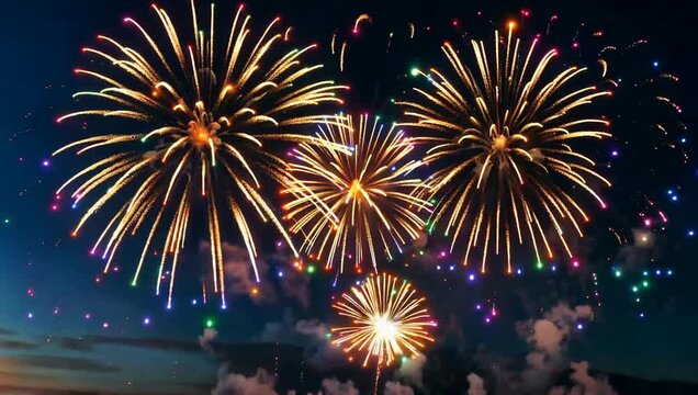 fireworks bursting into elegant golden and colorful patterns
