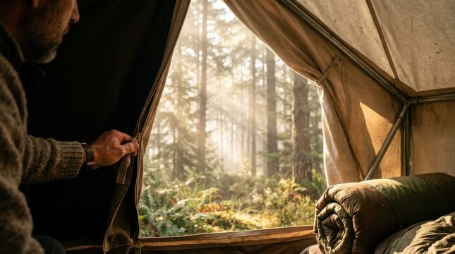 Man opening tent zipper looking at sunny pine forest camping