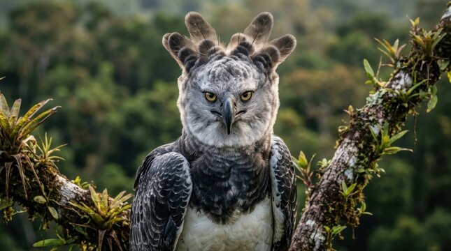 Harpy eagle perched on a branch in the rainforest canopy