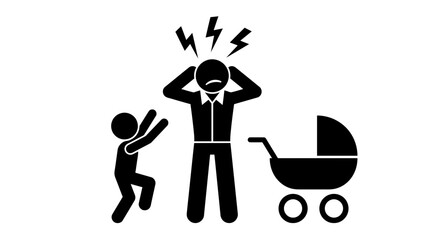 Stressed father feeling overwhelmed while caring for energetic small child and baby stroller in monochrome style