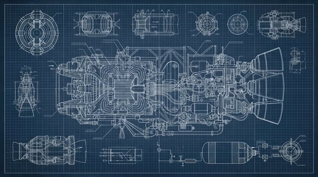 Detailed aircraft engine blueprint with cross section and technical component drawings. Engineering design schematic for aerospace mechanics, manufacturing, education, and innovation.