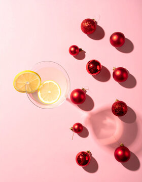 Lemon Slices and Red Baubles Scattered on Pink Background