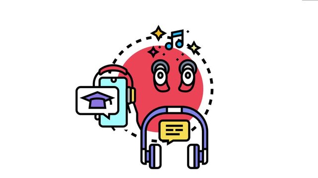 Appreciative listening concept portraying a stylized head enjoying sounds, music, and educational content through headphones and a smartphone, highlighting attentive auditory engagement
