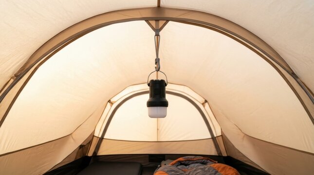 Camping lantern hanging inside tent during outdoor adventure