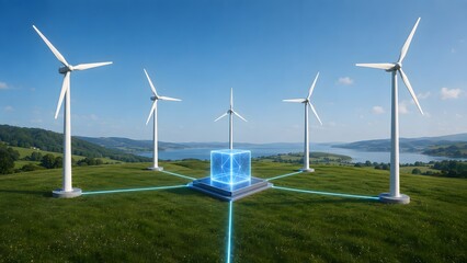 Fototapeta premium Glowing digital cube connecting wind turbines in a smart grid system for renewable energy management