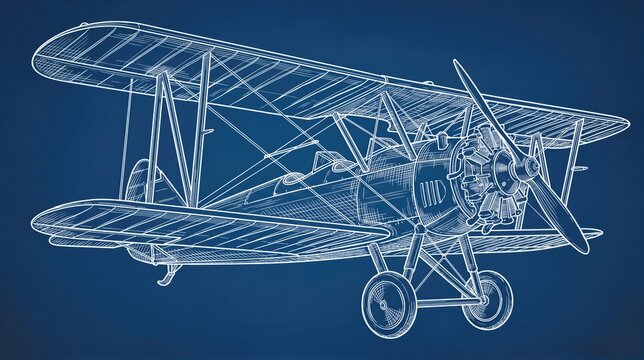 Vintage biplane technical drawing with exposed engine and landing gear. Aviation engineering blueprint illustrating aircraft design, mechanical structure, and flight history.
