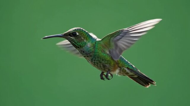 Hummingbird hovering with beating wings, slow motion close-up, iridescent green plumage, flying on isolated solid green screen background, wildlife and nature video