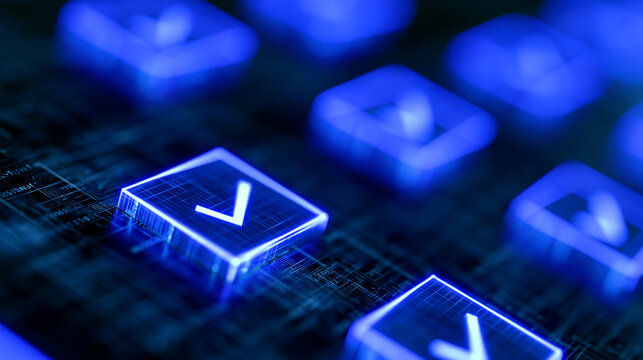 A glowing digital interface displays checkmarks indicating success. Conceptual image for software task completion and.