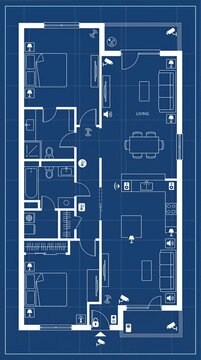 Smart home floor plan blueprint showing apartment layout, rooms, furniture, lighting, security cameras, sensors, appliances, and connected automation system for architectural design