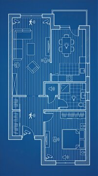 Smart home floor plan blueprint showing room layout, furniture, lighting, security cameras, speakers, sensors, and connected living technology concept