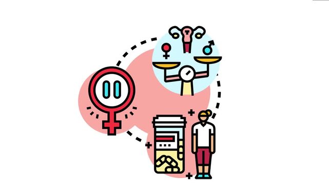 Menopause concept , with a scale balancing female and male symbols, an anatomical uterus, a pause symbol, pills, and a female figure representing hormonal changes and female health