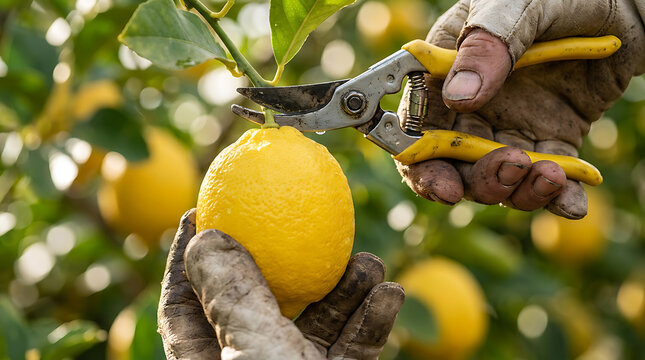 Farmer Harvesting Fresh Ripe Yellow Lemon From Citrus Tree In Organic Orchard During Sunny Day