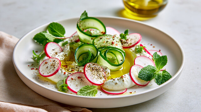 Creamy labneh with zaatar olive oil cucumber ribbons radish and mint showcasing Eastern Mediterranean quiet luxury wellness dining