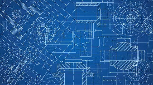 Engineering blueprint showing mechanical gear assemblies, technical components, measurements, and precision design for industrial manufacturing and mechanical engineering concept