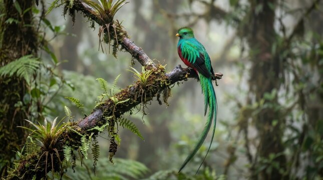 Resplendent quetzal perched on mossy branch in cloud forest