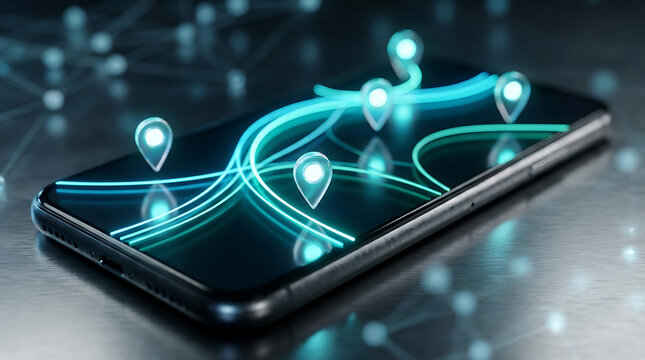 Digital Smartphone Navigation Map With Glowing Location Pins And Connection Lines For GPS Tracking Technology