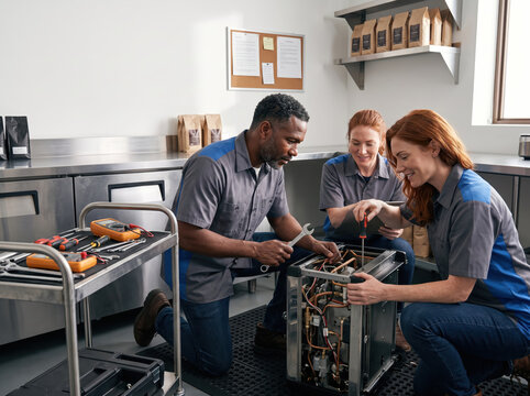 Technicians work together to repair a machine in a workshop during daytime