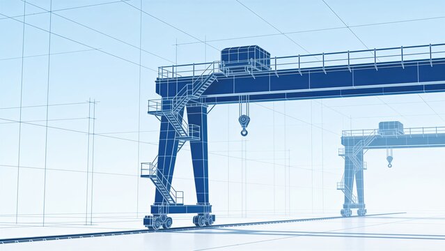 Blueprint style technical drawing of overhead gantry crane with lifting hook on rails. Industrial engineering design, construction planning and mechanical architecture concept.