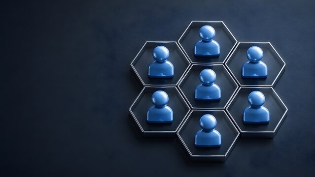 Blue human figures arranged in a hexagonal grid representing corporate organizational structure and teamwork