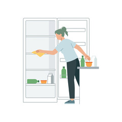 Flat vector illustration of a young woman cleaning and organizing the shelves inside a refrigerator