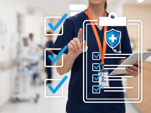 Healthcare worker in scrubs holds a tablet and taps a virtual checklist beside a medical clipboard icon with a cross and multiple blue check marks in a hospital corridor