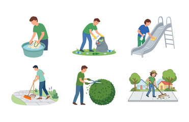 Fototapeta premium Set of vector illustrations showing people performing various household and outdoor cleaning chores