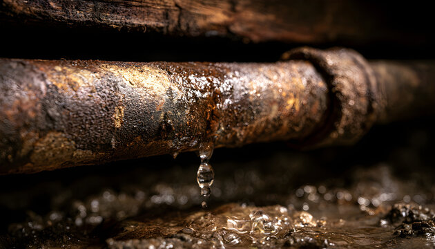 Leaking rusted cast iron sewer pipe drips water into wet mud inside dark crawlspace. Old corroded plumbing infrastructure breaks causing sewage flood damage under residential house basement. Damp
