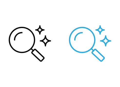 Search and discovery icon set with sparkles in black and blue outline style for digital interface design elements