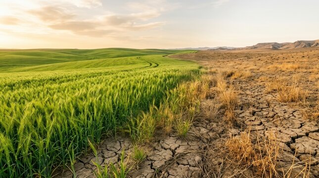 Climate change contrast between green fertile fields and cracked drought land