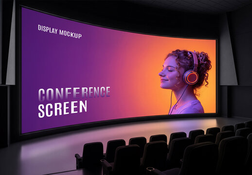 Large Curved Conference Screen Mockup in Modern Auditorium