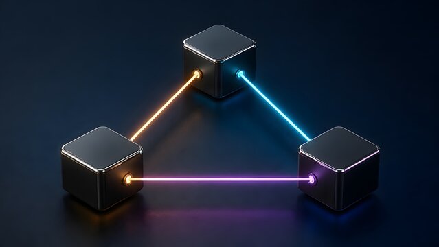 Glowing laser lines connecting metallic nodes in a decentralized network structure representing blockchain technology