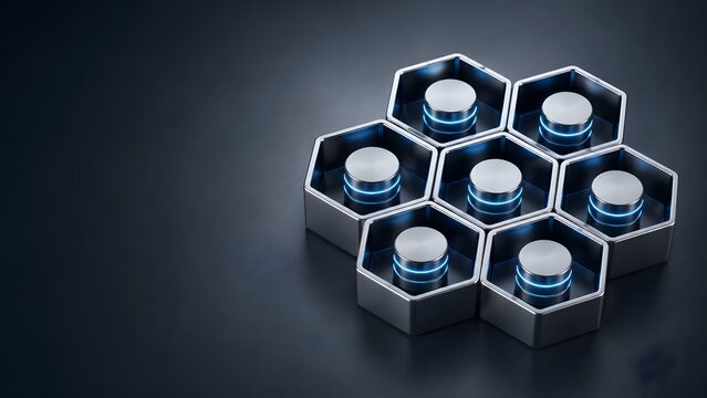 Metallic hexagonal grid housing glowing data server nodes representing modular cloud storage infrastructure