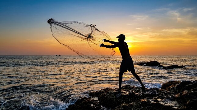 Silhouette of a fisherman casting a net from rocky shore at sunset, with waves crashing and a small boat on the horizon under an orange and blue sky