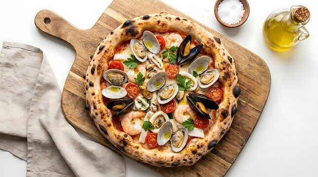 Gourmet seafood pizza with shellfish on wooden serving board.