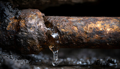 Fototapeta premium Leaking rusted cast iron sewer pipe drips water into wet mud inside dark crawlspace. Old corroded plumbing infrastructure breaks causing sewage flood damage under residential house basement. Damp