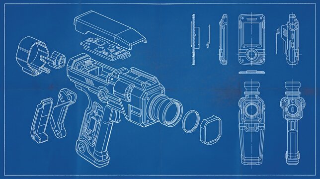 Exploded technical blueprint of a professional camera with lens, electronic components, and multiple orthographic views for engineering design and product development